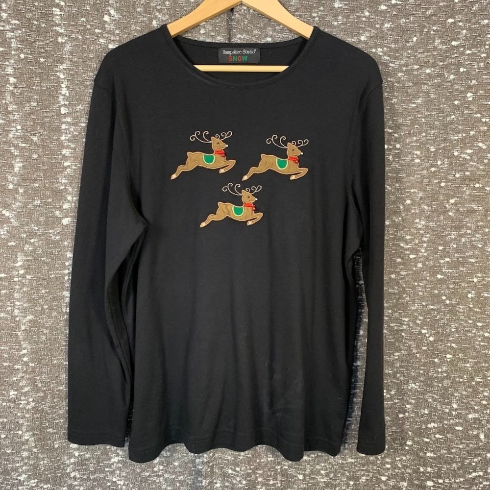 Vintage‎ Hampshire Studio Snow Reindeer Long Sleeve Shirt Holiday Christmas